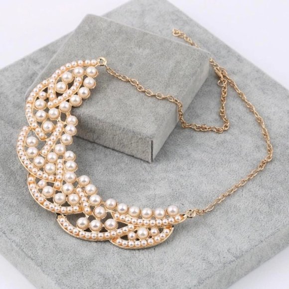 PEARL Embellished Gold Tone Statement Necklace - Picture 1 of 5